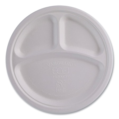 Eco-Products Renewable/Compostable Sugarcane Plates, 3 Comp, 10", White, PK500 EP-P007NFA